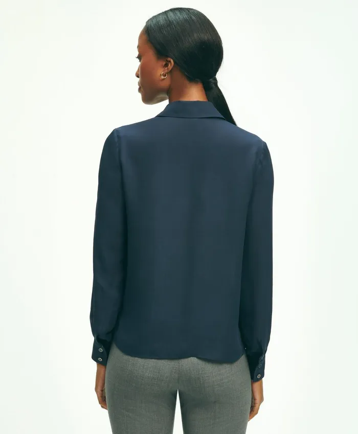Women Silk Georgette Pleated Chiffon Blouse Blue Brooks Brothers Blouses and Shirts