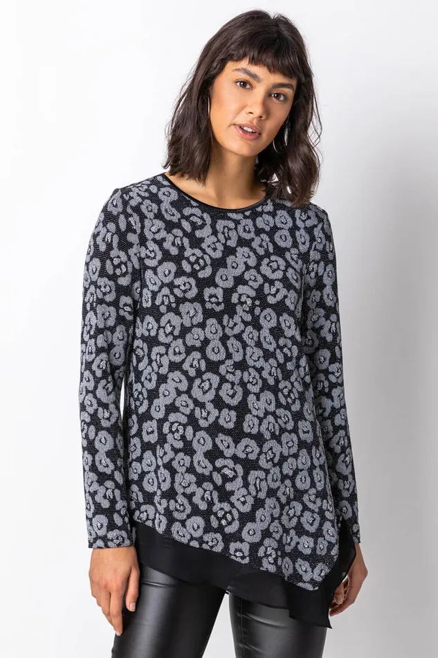 Women Silver Glitter Animal Print Asymmetric Hem Top Roman Tops