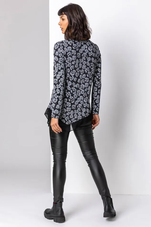 Women Silver Glitter Animal Print Asymmetric Hem Top Roman Tops