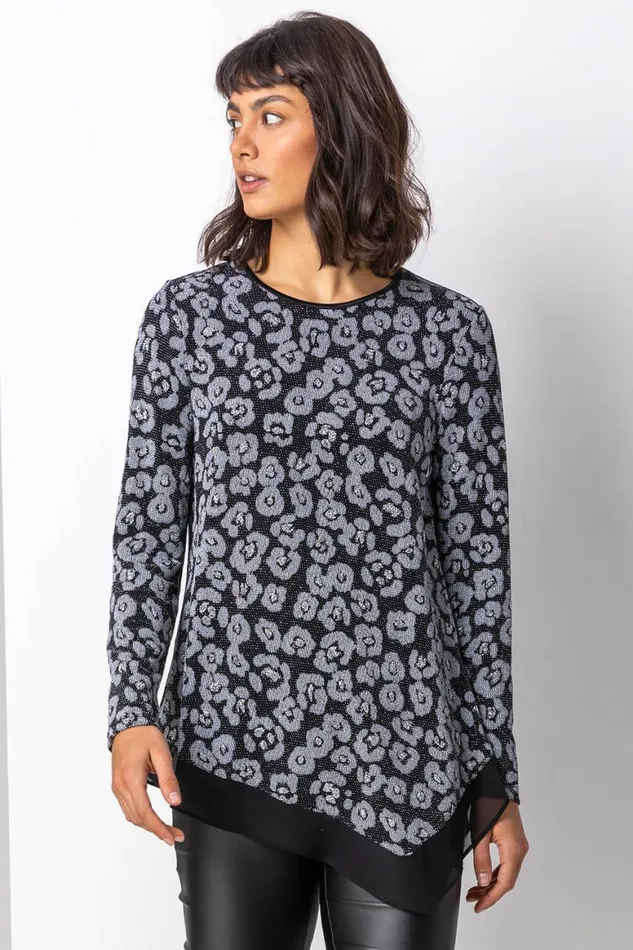 Women Silver Glitter Animal Print Asymmetric Hem Top Roman Tops