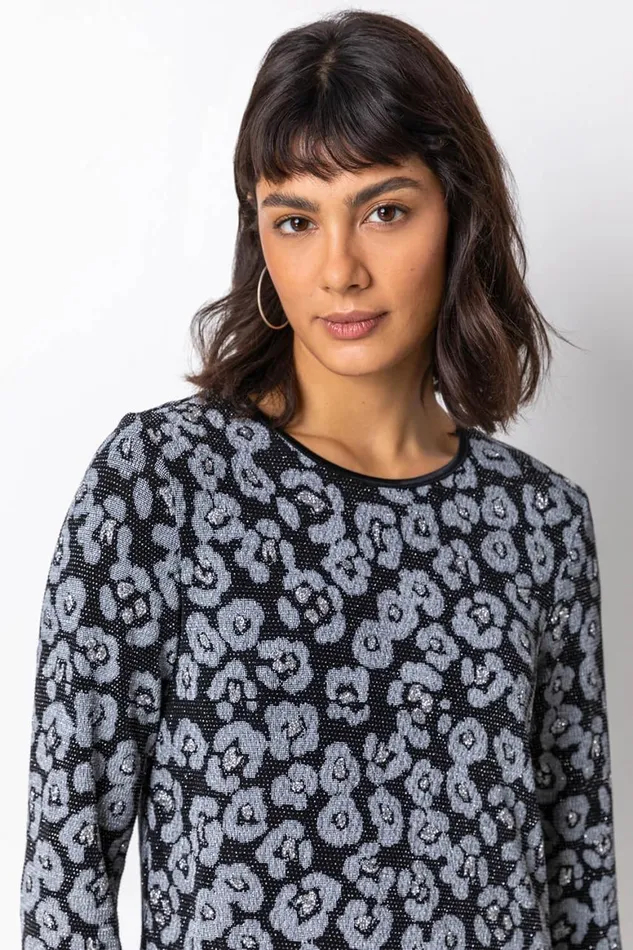 Women Silver Glitter Animal Print Asymmetric Hem Top Roman Tops