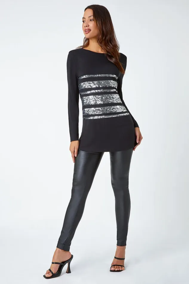 Women Silver Sequin Detail Stretch Tunic Top Roman Tops