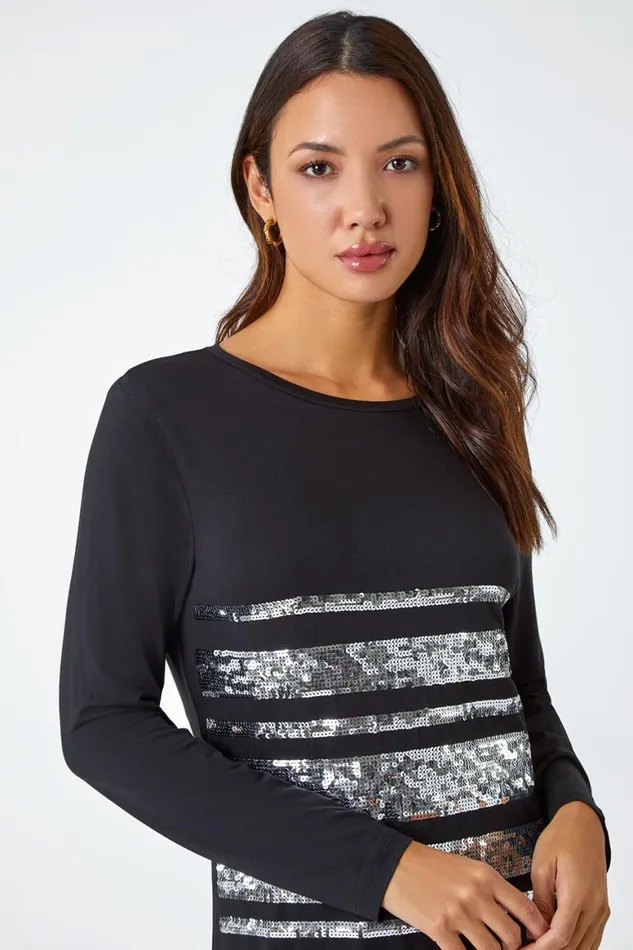 Women Silver Sequin Detail Stretch Tunic Top Roman Tops