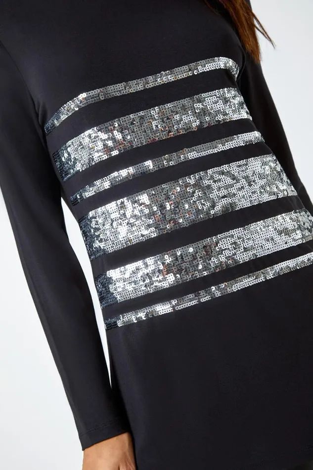 Women Silver Sequin Detail Stretch Tunic Top Roman Tops