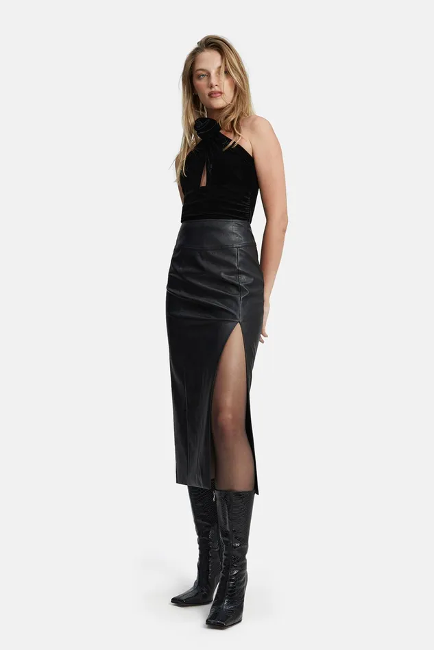 Women Skirts Bardot Dante Vegan Leather Midi Skirt In Black Black Women Skirts Bardot Dante Vegan Leather Midi Skirt In Black Black