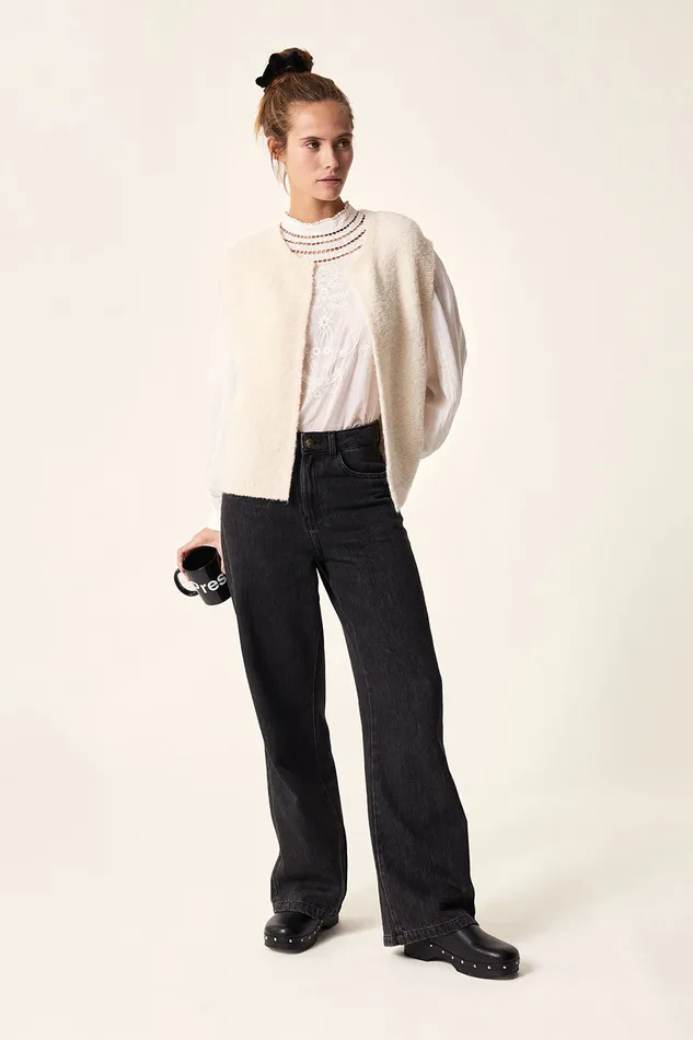 Women Sleeveless Cardigan Achille Ecru Gilet Alpaga cru Des Petits Hauts Jumpers and Cardigans