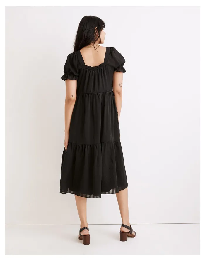 Women Square Neck Tiered Midi Dress In Textured Seersucker True Black Madewell Dresses Women Square Neck Tiered Midi Dress In Textured Seersucker True Black Madewell Dresses