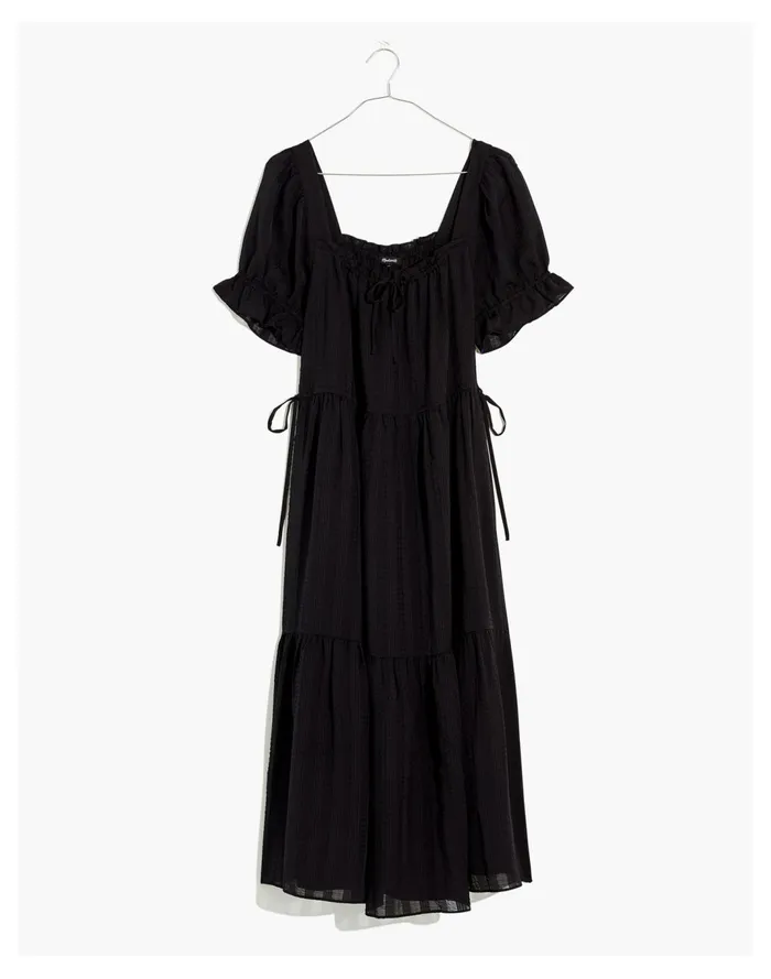Women Square Neck Tiered Midi Dress In Textured Seersucker True Black Madewell Dresses Women Square Neck Tiered Midi Dress In Textured Seersucker True Black Madewell Dresses