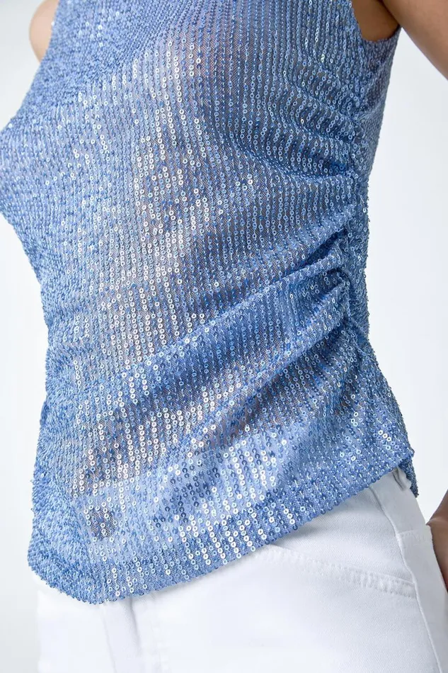 Women Steel Blue Sequin Embellished Stretch Vest Top Roman Tops