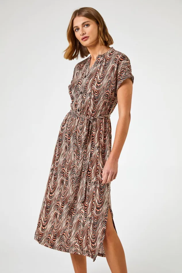 Women Stone Wave Print Belted Shirt Dress Roman Dresses