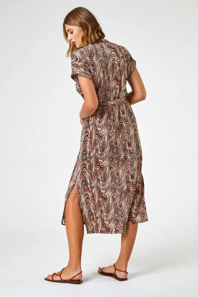 Women Stone Wave Print Belted Shirt Dress Roman Dresses