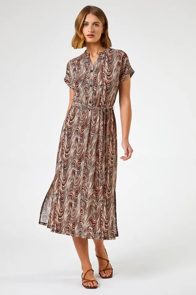 Women Stone Wave Print Belted Shirt Dress Roman Dresses