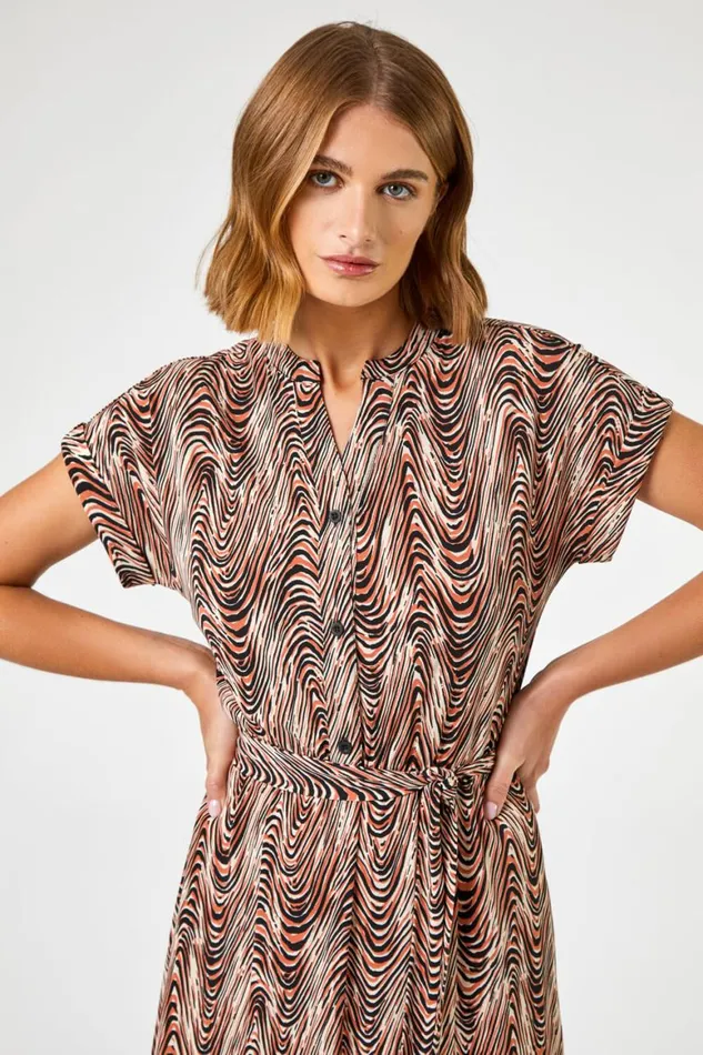 Women Stone Wave Print Belted Shirt Dress Roman Dresses