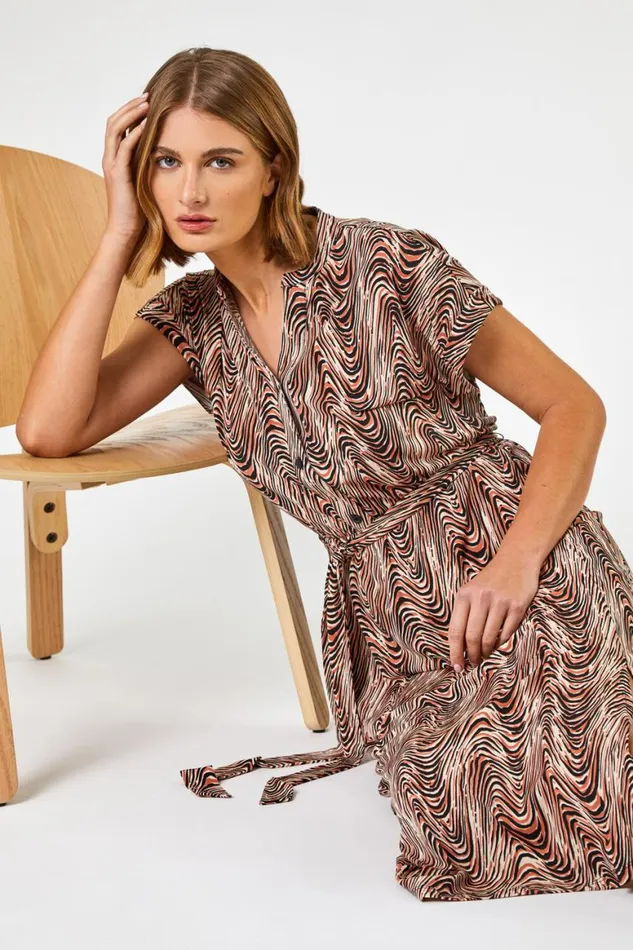 Women Stone Wave Print Belted Shirt Dress Roman Dresses