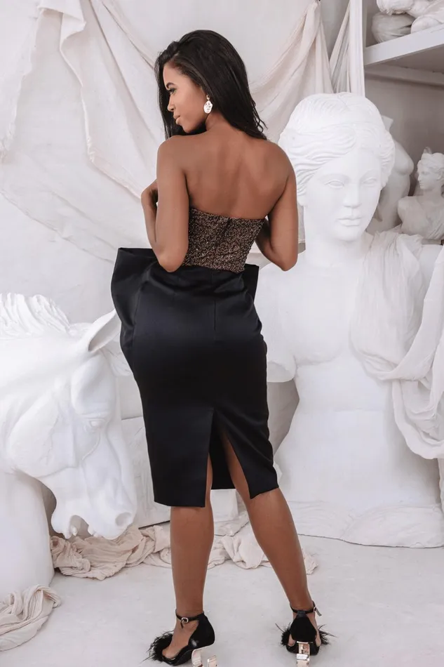 Women Strapless and Bandeau Dresses Lavish Alice ALEXANDRIA Extreme Bow Corset Detail Satin Midi Dress In Black Black