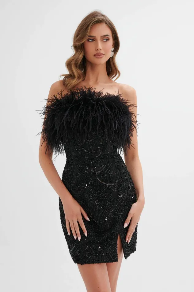 Women Strapless and Bandeau Dresses Lavish Alice ORELIA Embellished Mini Dress With Feather Trim In Black Black