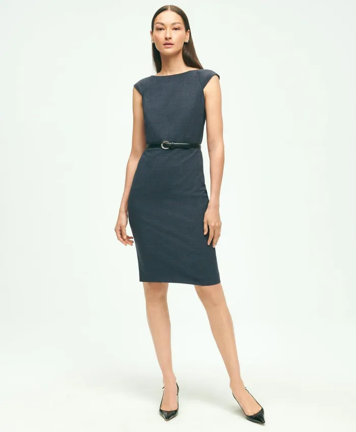 Women Stretch Wool Glenn Plaid Sheath Dress Navy Brooks Brothers Dresses