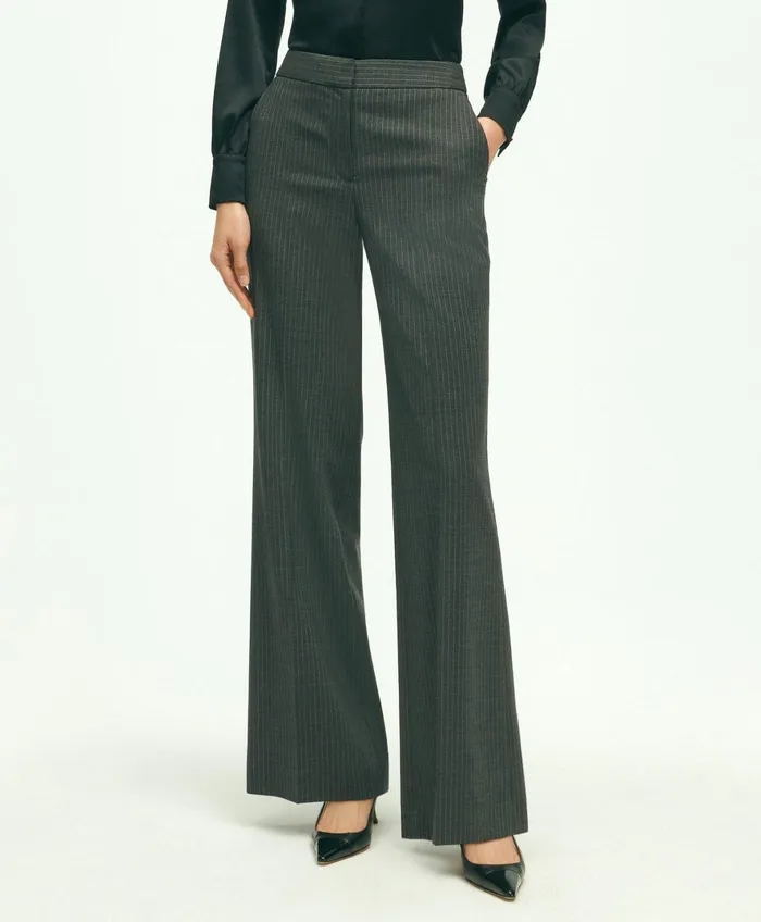 Women Stretch Wool Pinstripe Wide Leg Trouser Grey Brooks Brothers Pants and Skirts