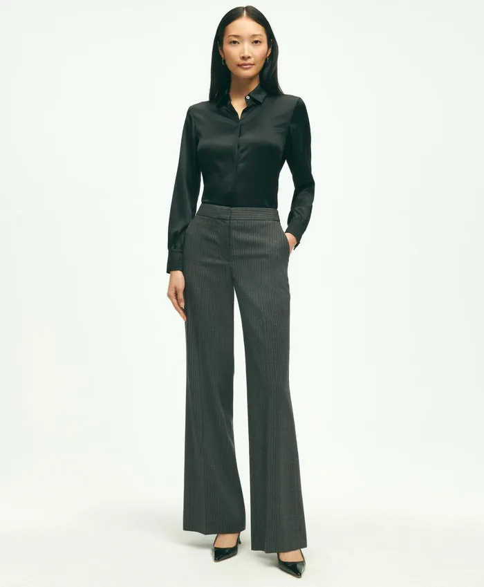Women Stretch Wool Pinstripe Wide Leg Trouser Grey Brooks Brothers Pants and Skirts