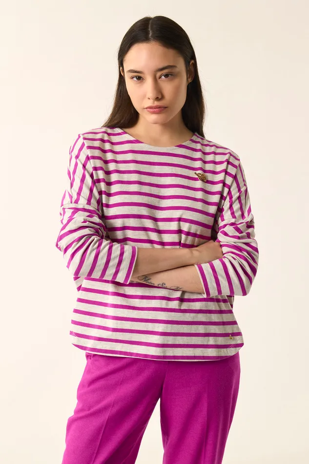 Women Striped Jumper Filly BeigeLupin Marinire Coton Beige Et Fuchsia Des Petits Hauts TShirts and Sweatshirts