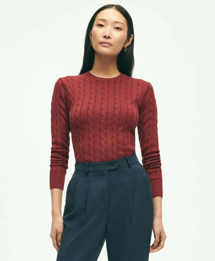 Women Supima Cotton Cable Crewneck Sweater Burgundy Brooks Brothers Sweaters