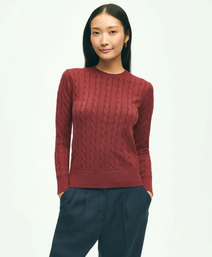 Women Supima Cotton Cable Crewneck Sweater Burgundy Brooks Brothers Sweaters