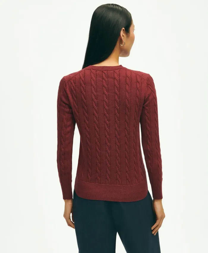 Women Supima Cotton Cable Crewneck Sweater Burgundy Brooks Brothers Sweaters