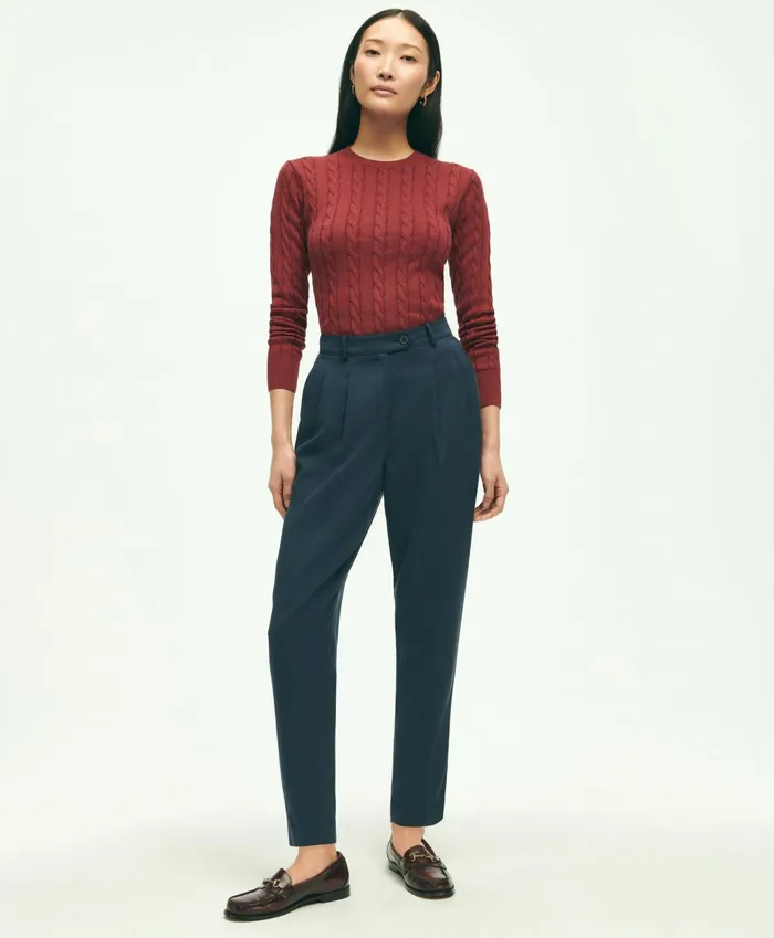 Women Supima Cotton Cable Crewneck Sweater Burgundy Brooks Brothers Sweaters