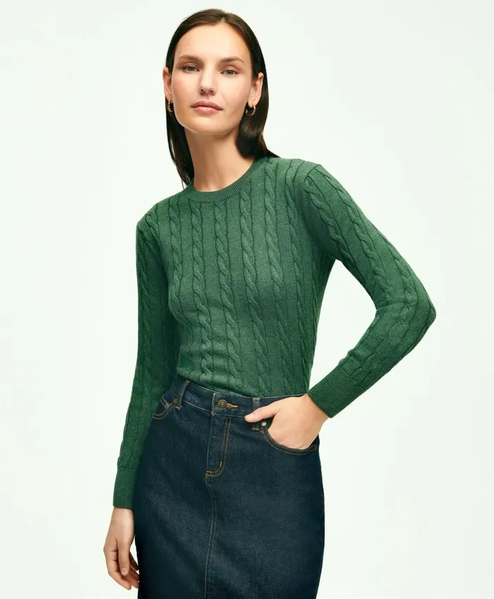 Women Supima Cotton Cable Crewneck Sweater Dark Green Heather Brooks Brothers Sweaters