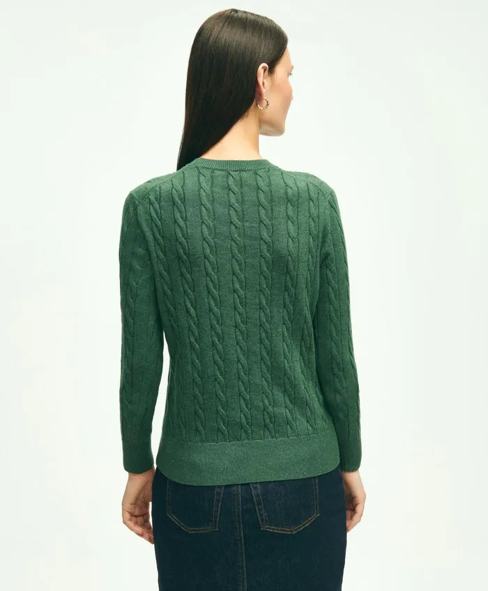 Women Supima Cotton Cable Crewneck Sweater Dark Green Heather Brooks Brothers Sweaters