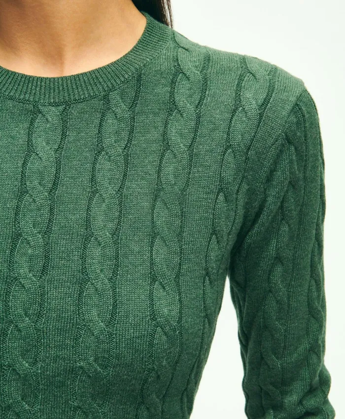 Women Supima Cotton Cable Crewneck Sweater Dark Green Heather Brooks Brothers Sweaters