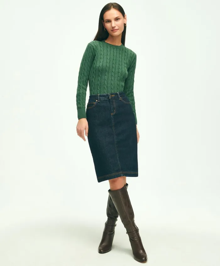 Women Supima Cotton Cable Crewneck Sweater Dark Green Heather Brooks Brothers Sweaters