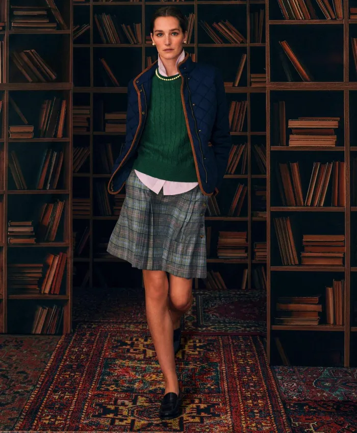 Women Supima Cotton Cable Crewneck Sweater Dark Green Heather Brooks Brothers Sweaters