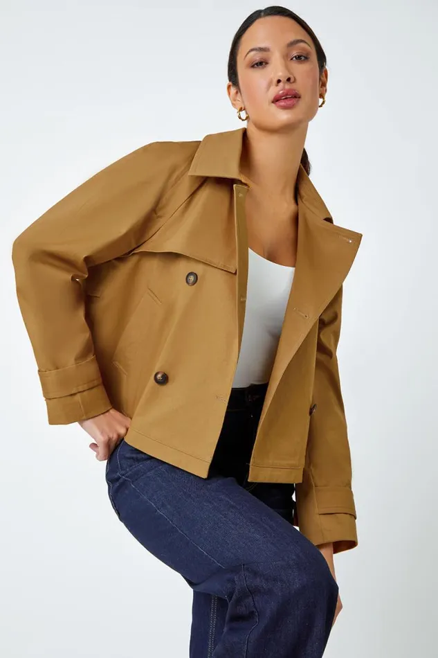 Women Tan Cotton Blend Cropped Stretch Trench Coat Roman Jackets