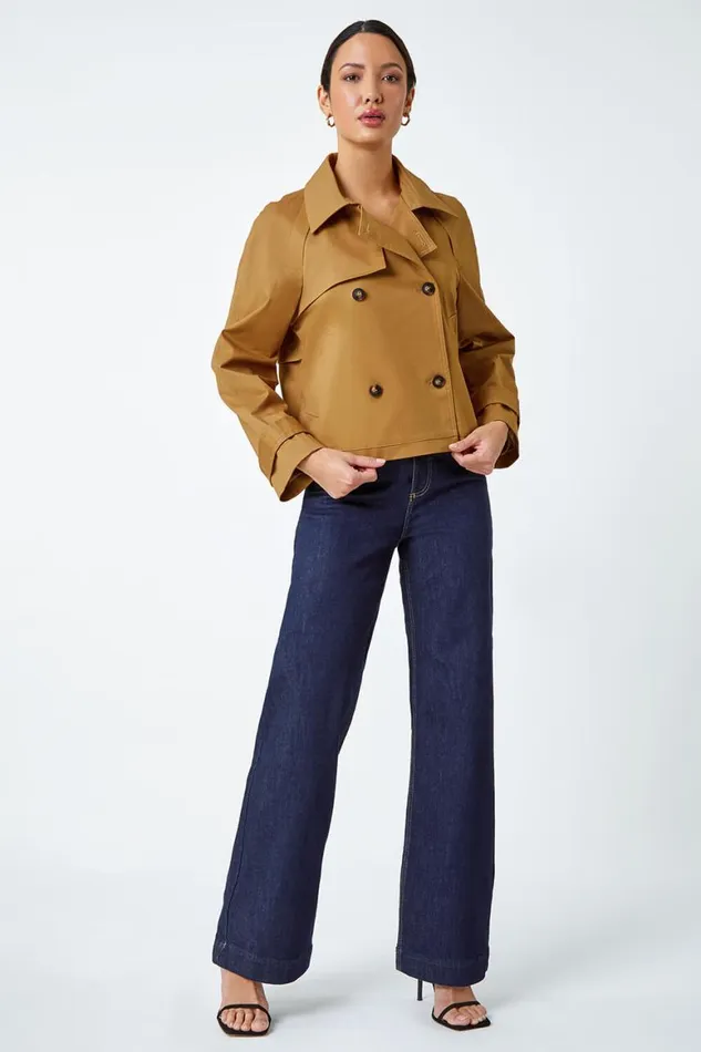 Women Tan Cotton Blend Cropped Stretch Trench Coat Roman Jackets