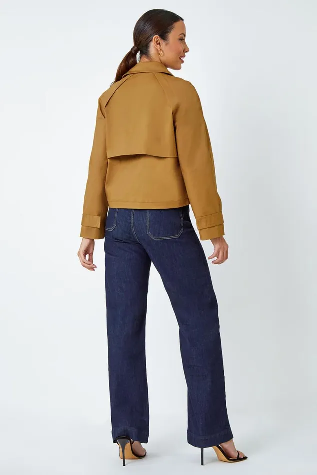 Women Tan Cotton Blend Cropped Stretch Trench Coat Roman Jackets
