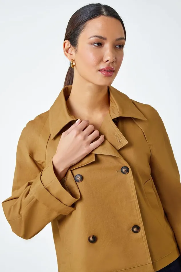 Women Tan Cotton Blend Cropped Stretch Trench Coat Roman Jackets