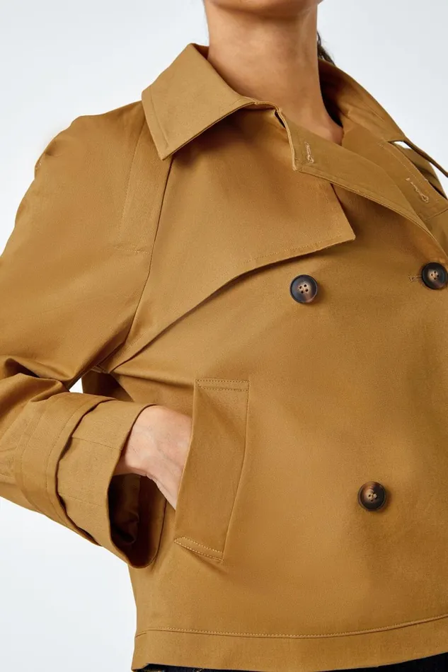 Women Tan Cotton Blend Cropped Stretch Trench Coat Roman Jackets