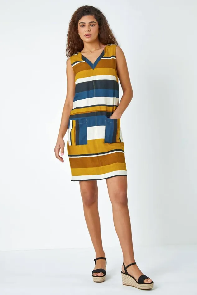 Women Tan Striped Cotton Blend Shift Dress Roman Dresses