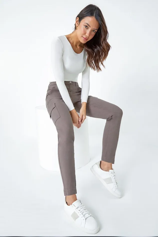 Women Taupe Cotton Blend Cargo Stretch Jegging Roman Trousers