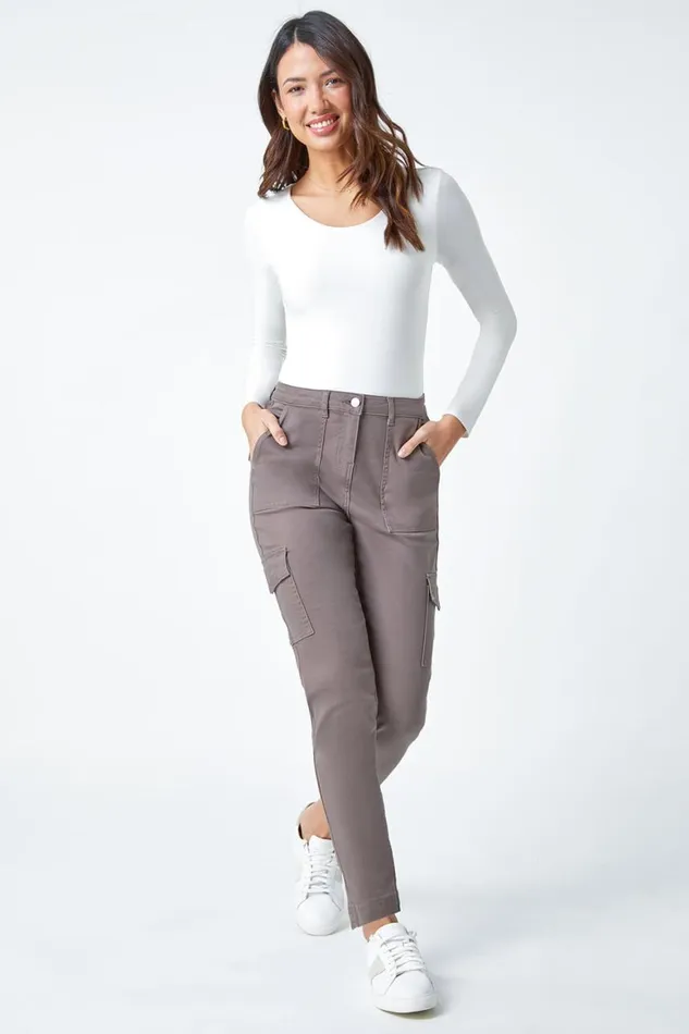 Women Taupe Cotton Blend Cargo Stretch Jegging Roman Trousers