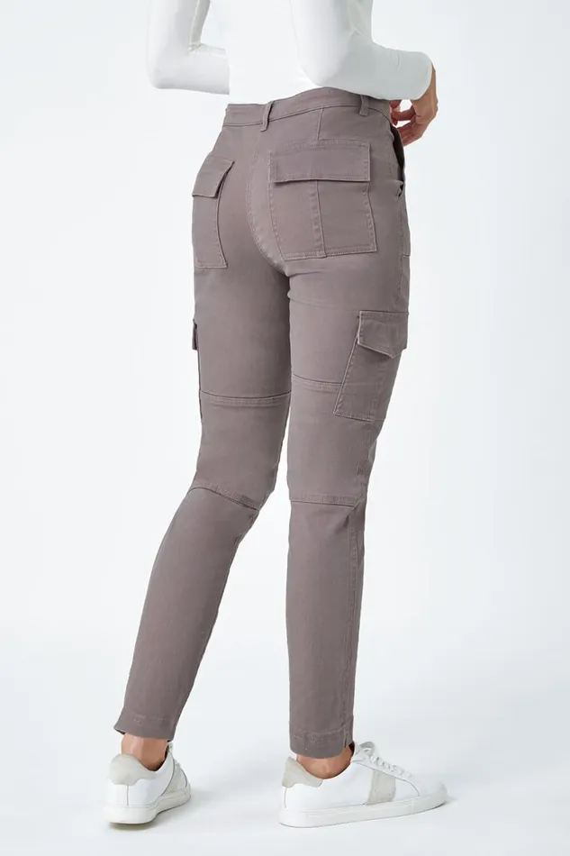 Women Taupe Cotton Blend Cargo Stretch Jegging Roman Trousers