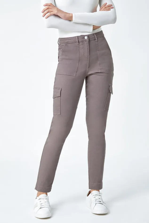 Women Taupe Cotton Blend Cargo Stretch Jegging Roman Trousers