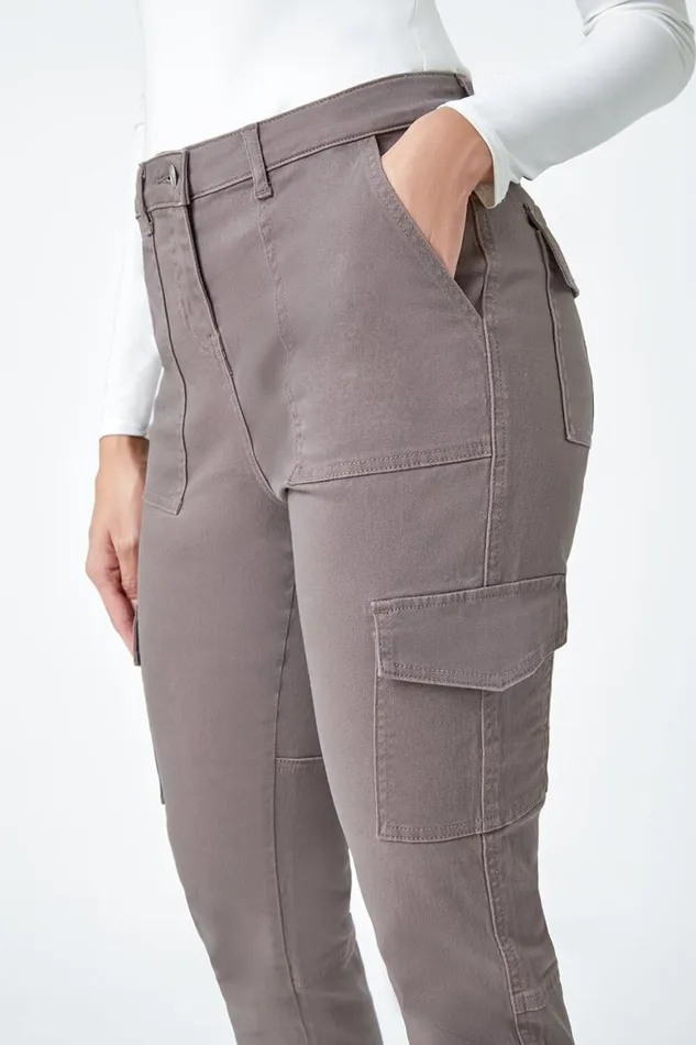 Women Taupe Cotton Blend Cargo Stretch Jegging Roman Trousers