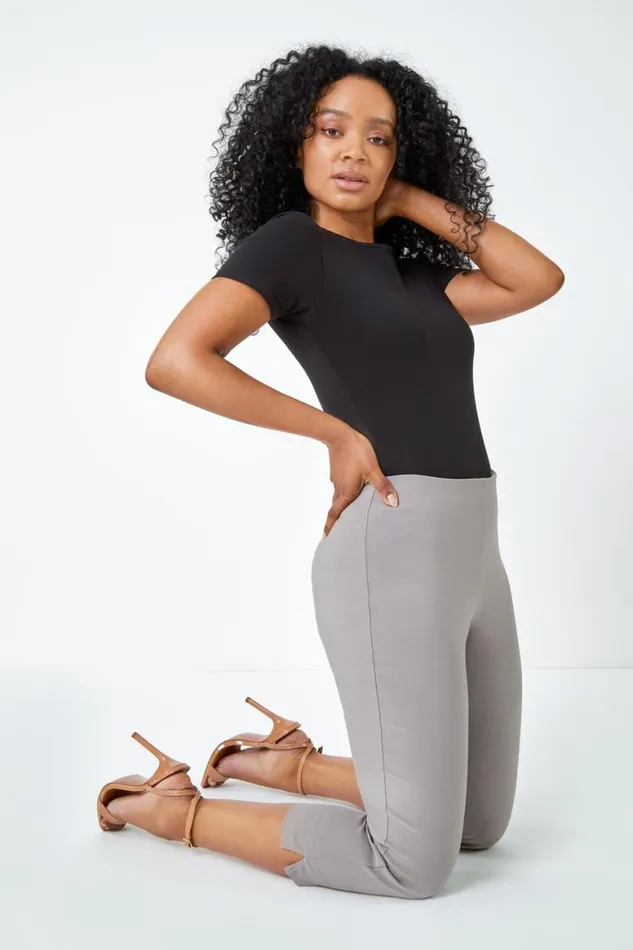 Women Taupe Petite Elastic Waist Stretch Cropped Trouser Roman Coords