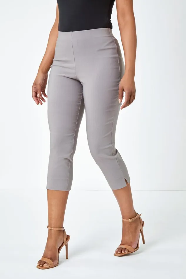 Women Taupe Petite Elastic Waist Stretch Cropped Trouser Roman Coords