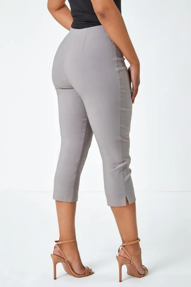Women Taupe Petite Elastic Waist Stretch Cropped Trouser Roman Coords