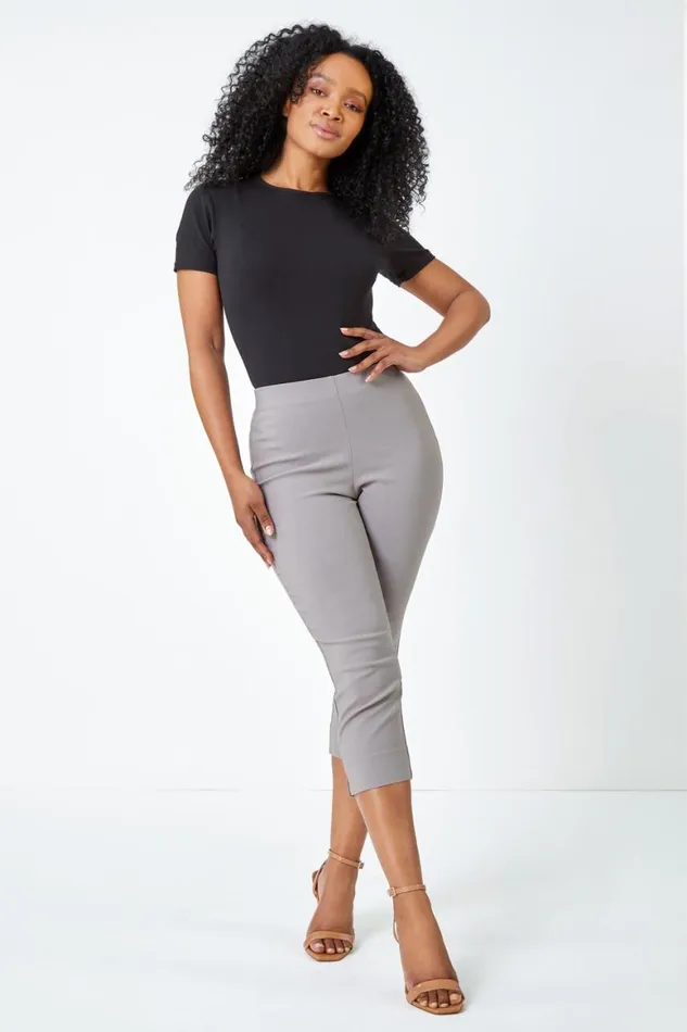 Women Taupe Petite Elastic Waist Stretch Cropped Trouser Roman Coords