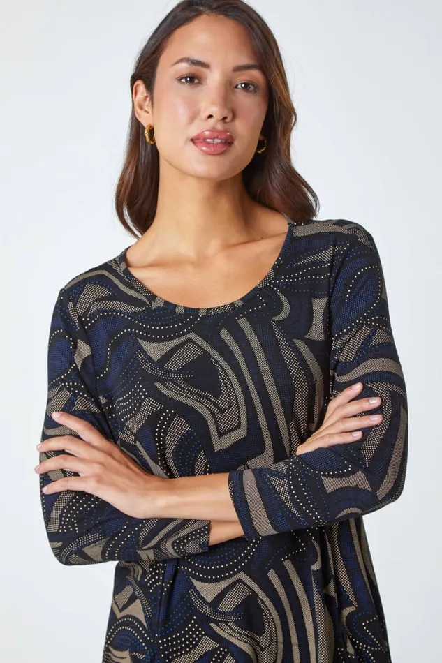 Women Taupe Swirl Print Hanky Hem Stretch Top Roman Tops
