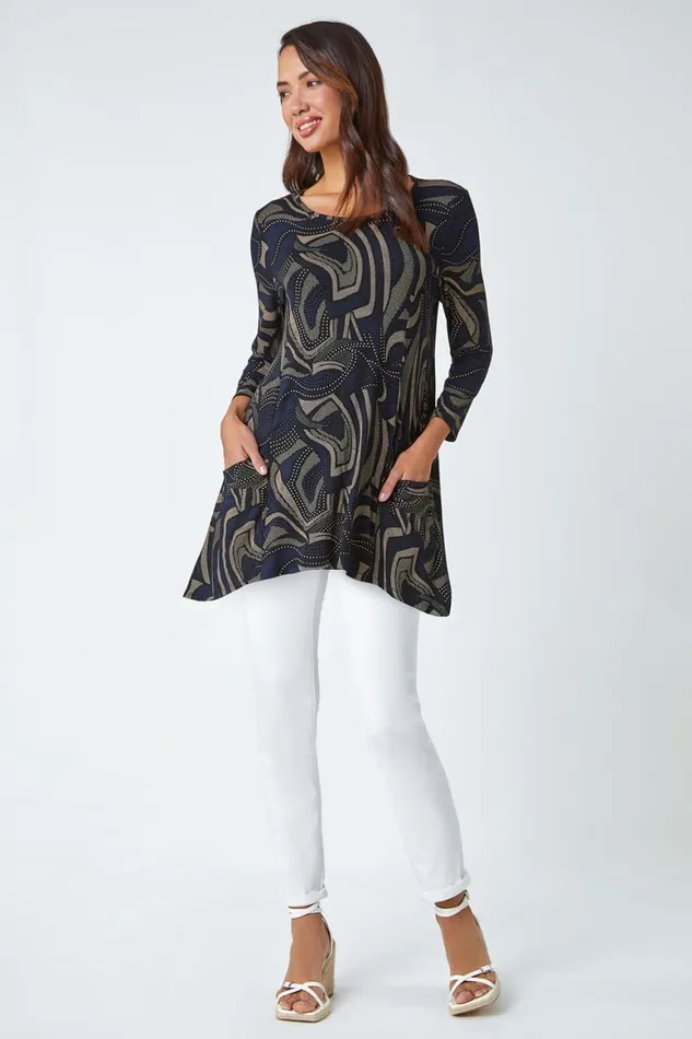 Women Taupe Swirl Print Hanky Hem Stretch Top Roman Tops